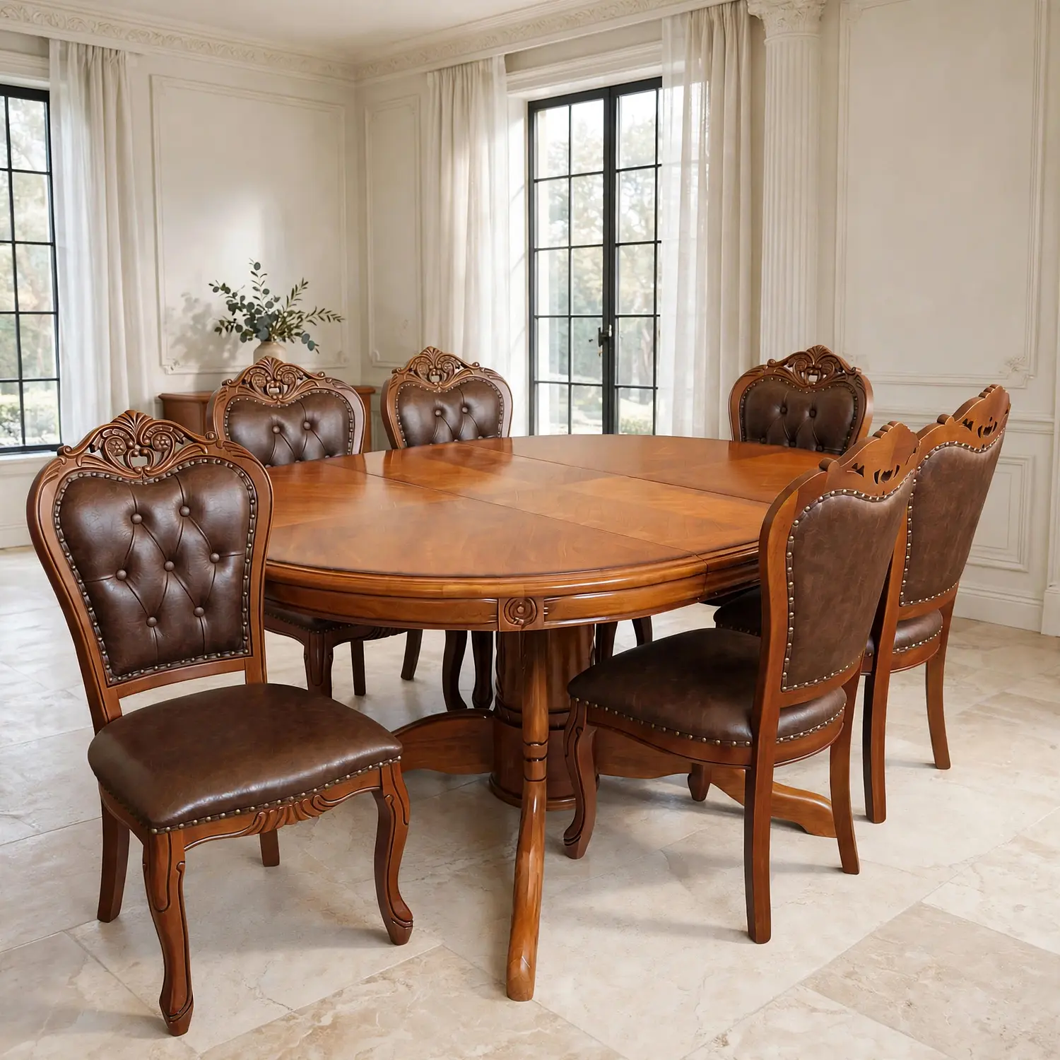 Comedor Ovalado Tallado en Madera Roble Americano 6 Puestos 4