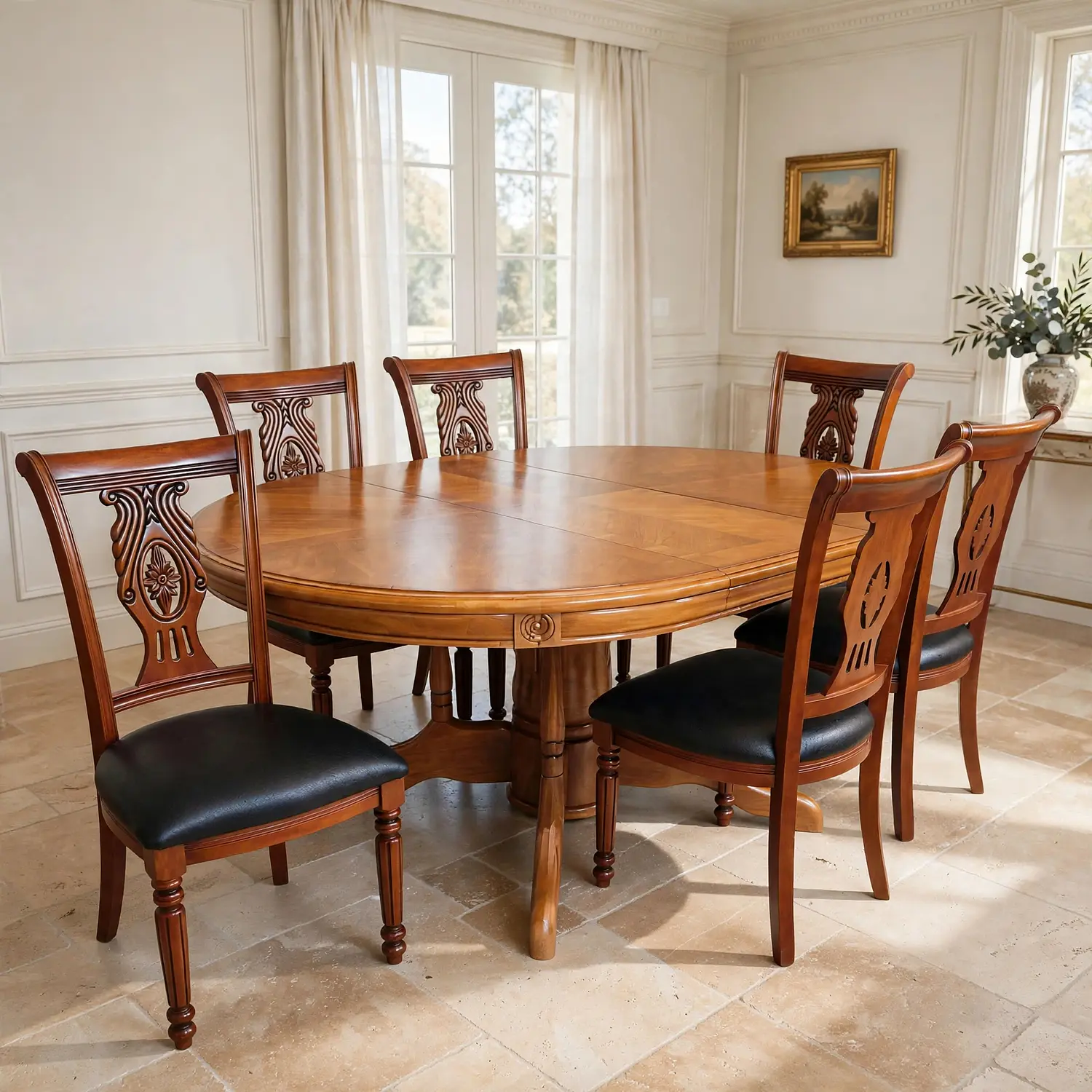 Comedor Ovalado Tallado en Madera Roble Americano 6 Puestos 7
