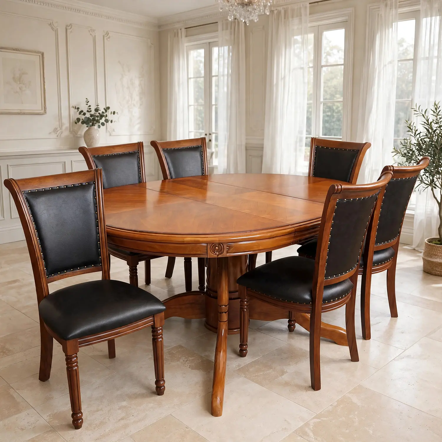 Comedor Ovalado Tallado en Madera Roble Americano 6 Puestos 10