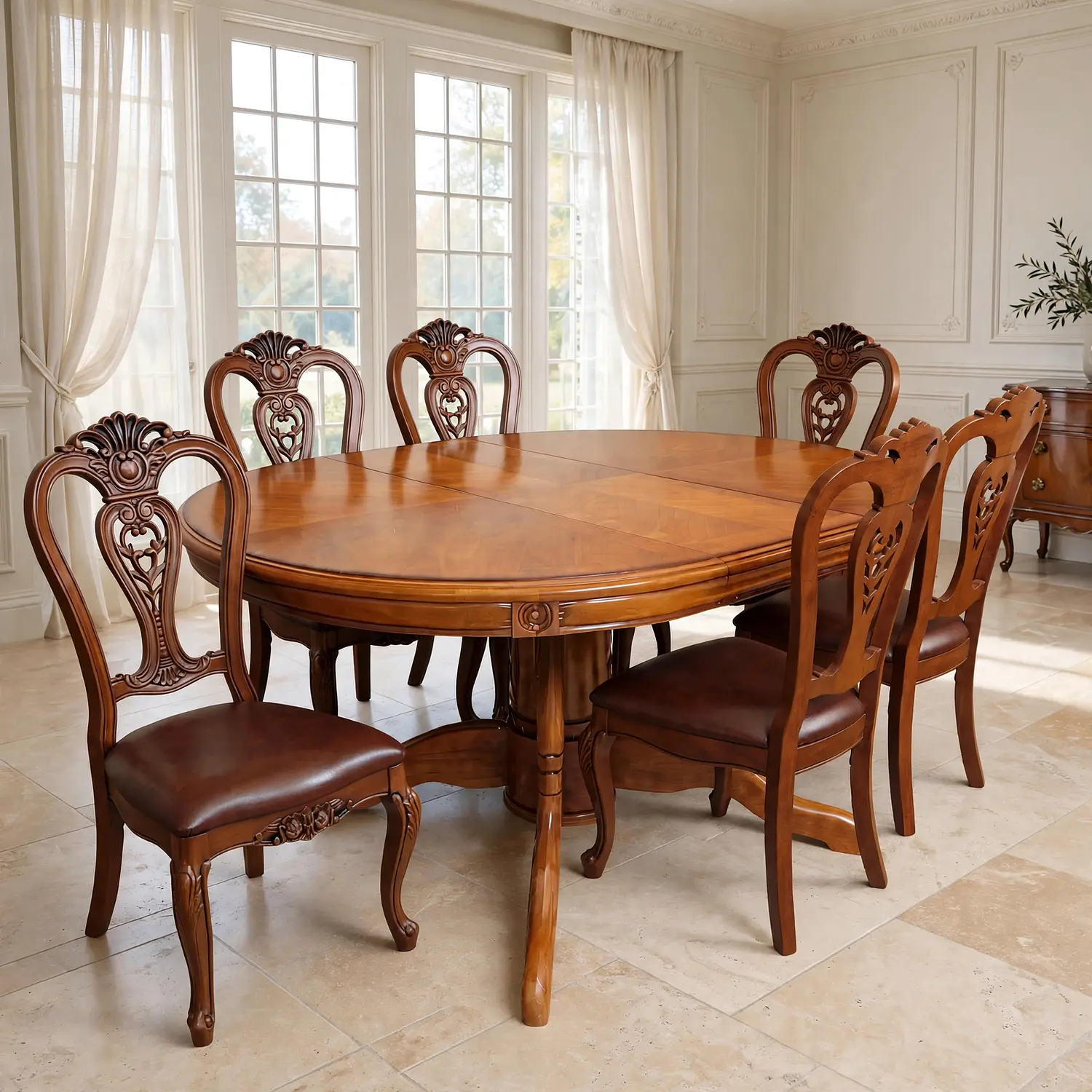 Comedor Ovalado Tallado en Madera Roble Americano 6 Puestos 13