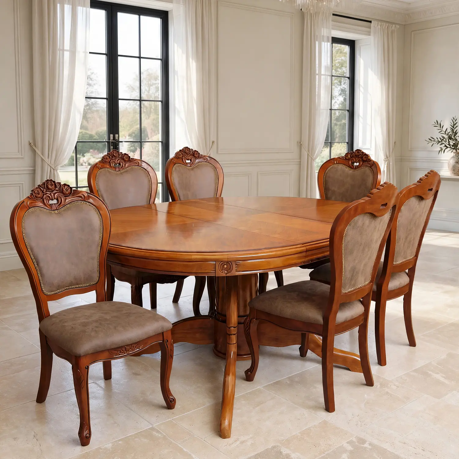 Comedor Ovalado Tallado en Madera Roble Americano 6 Puestos 19