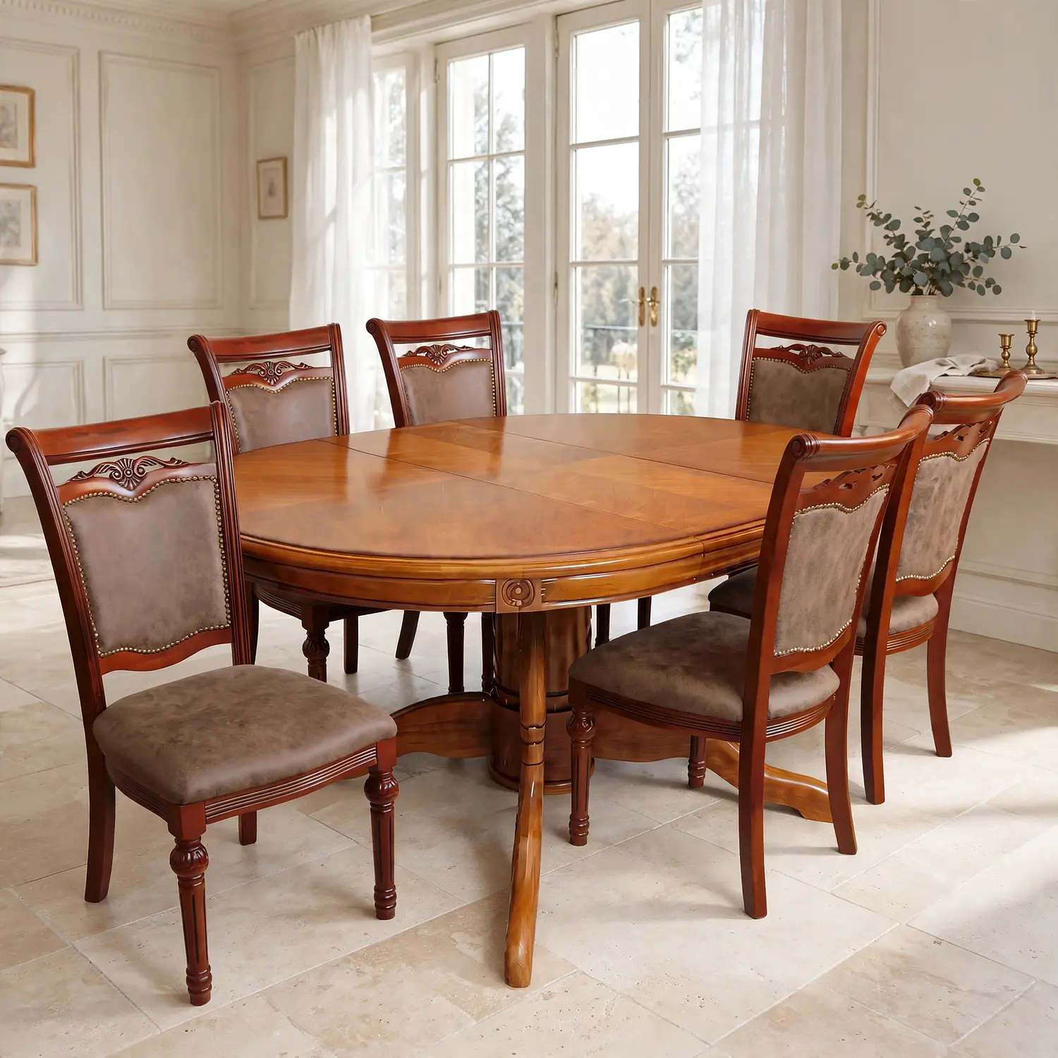 Comedor Ovalado Tallado en Madera Roble Americano 6 Puestos 22