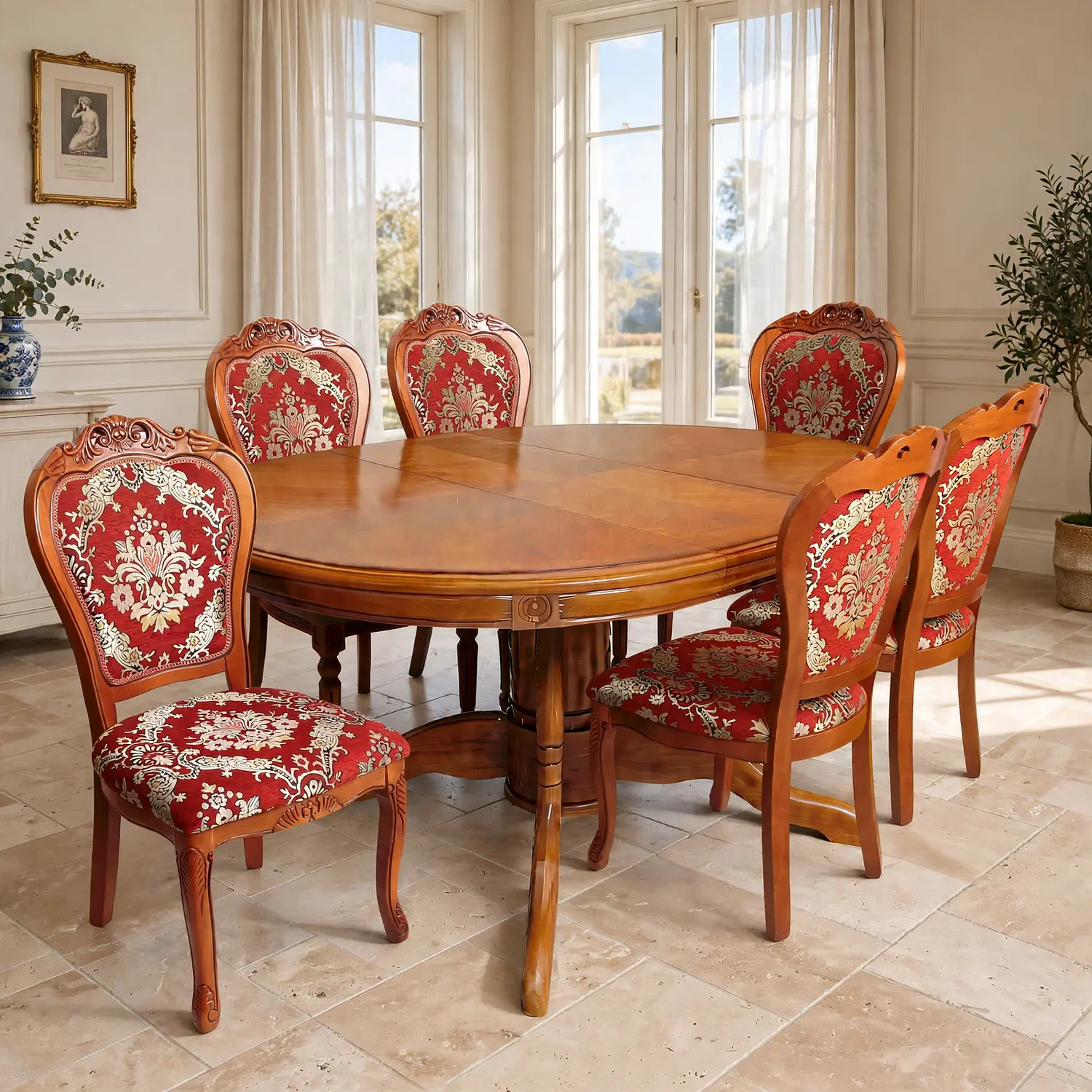 Comedor Ovalado Tallado en Madera Roble Americano 6 Puestos 37
