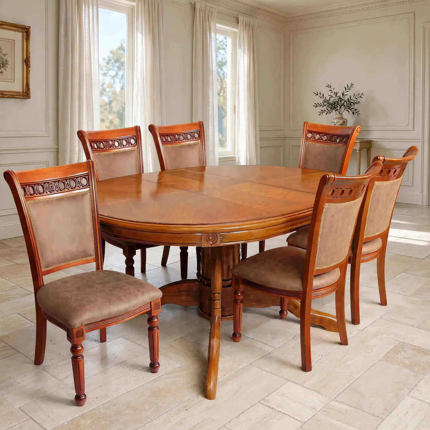 Comedor Ovalado Tallado en Madera Roble Americano 6 Puestos 25