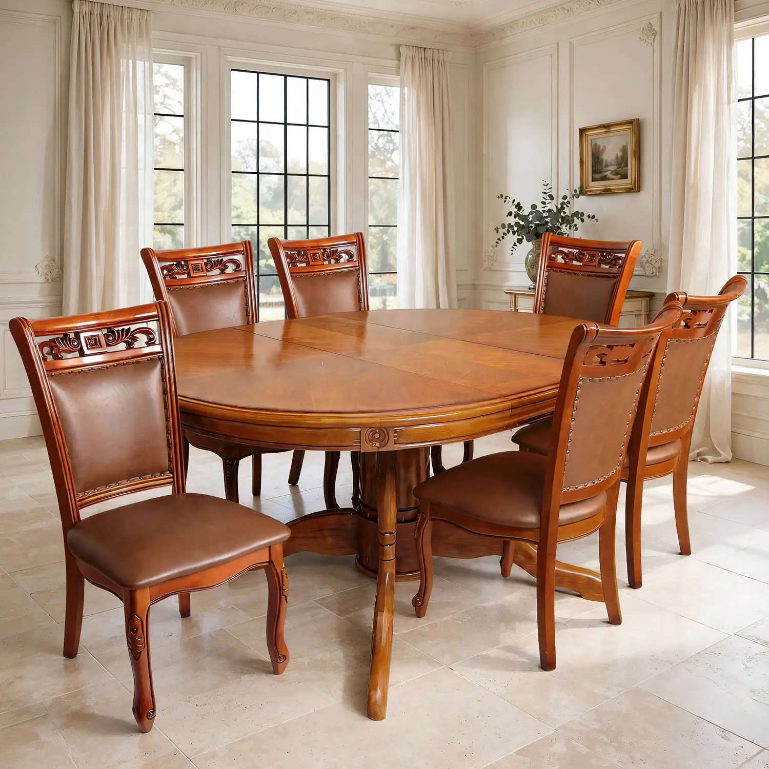 Comedor Ovalado Tallado en Madera Roble Americano 6 Puestos 34