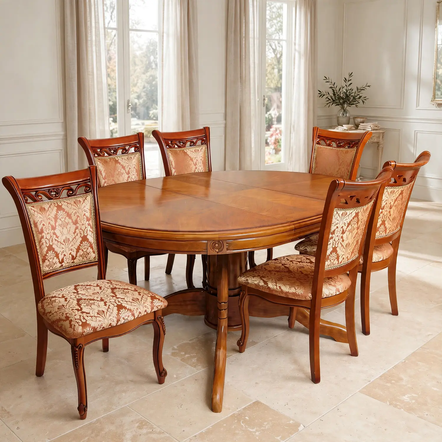 Comedor Ovalado Tallado en Madera Roble Americano 6 Puestos 31