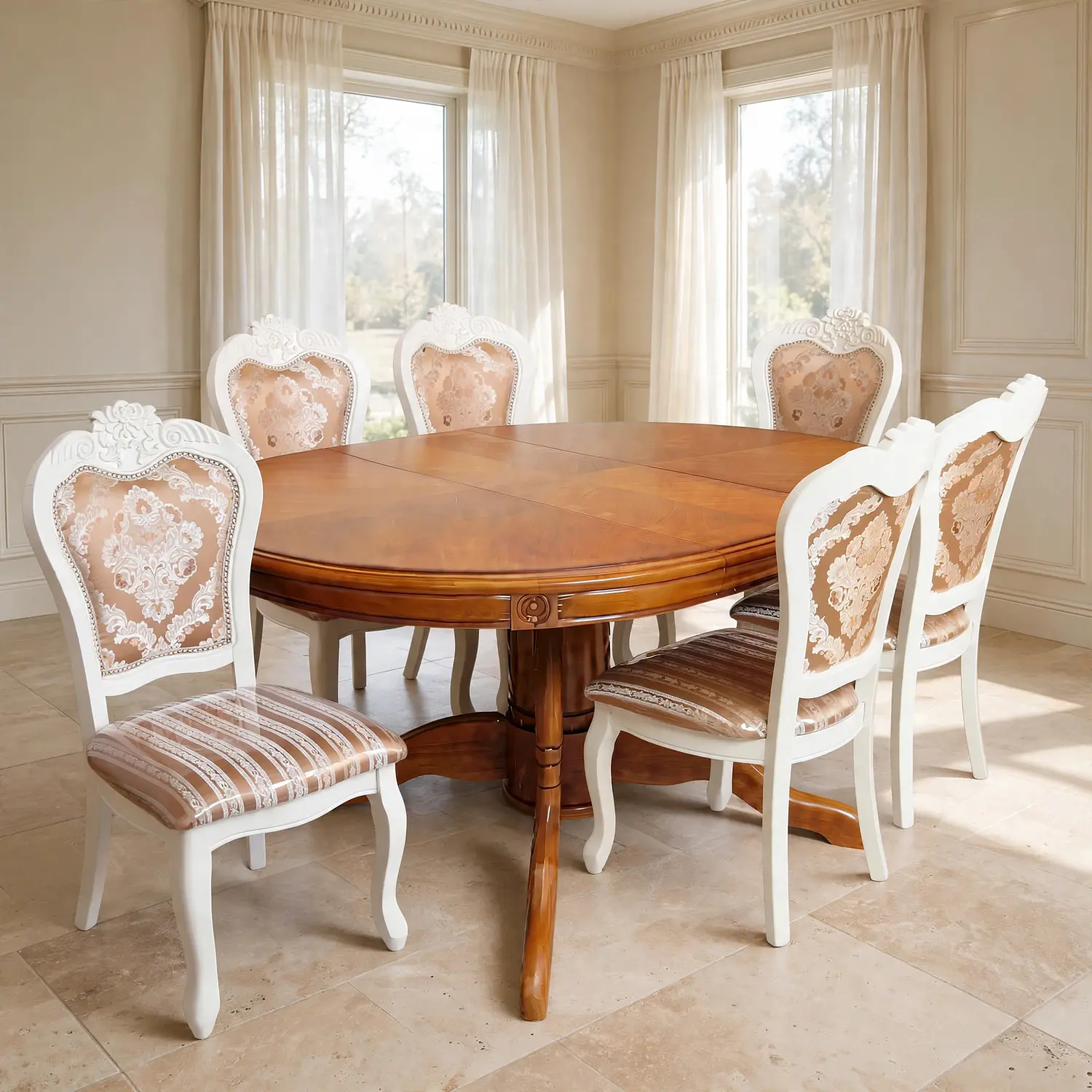 Comedor Ovalado Tallado en Madera Roble Americano 6 Puestos 28
