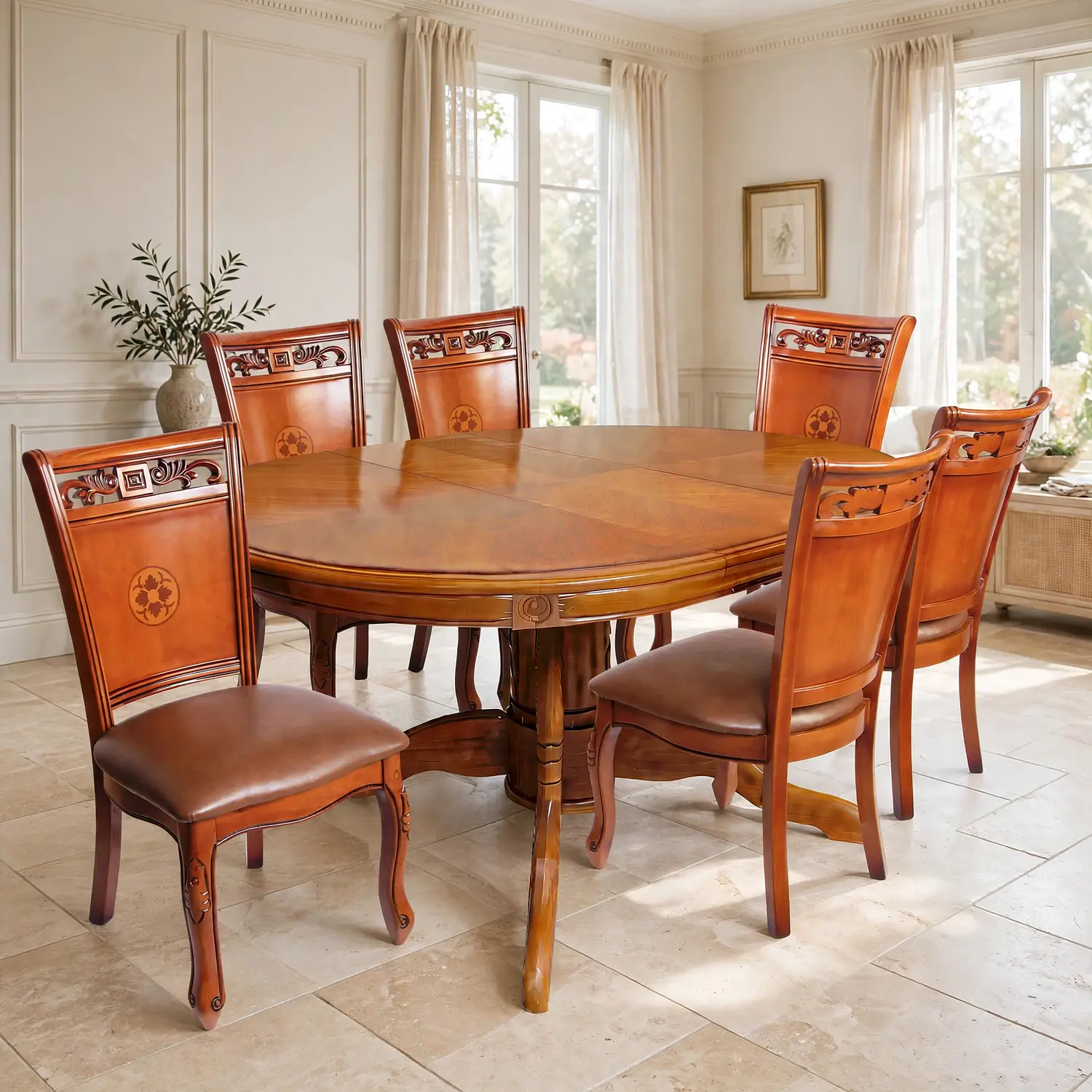 Comedor Ovalado Tallado en Madera Roble Americano 6 Puestos 43