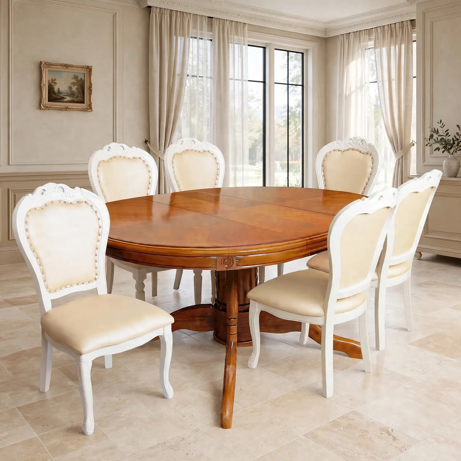Comedor Ovalado Tallado en Madera Roble Americano 6 Puestos 40