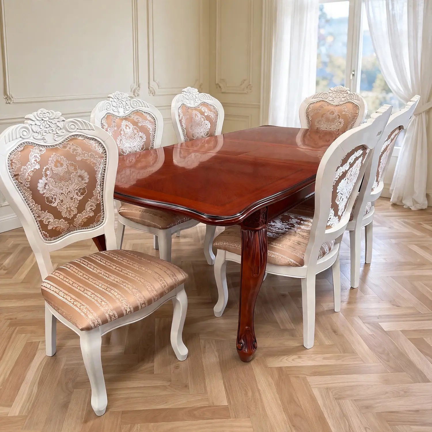 Comedor Clásico Retráctil de Roble Americano con 6 Sillas 1
