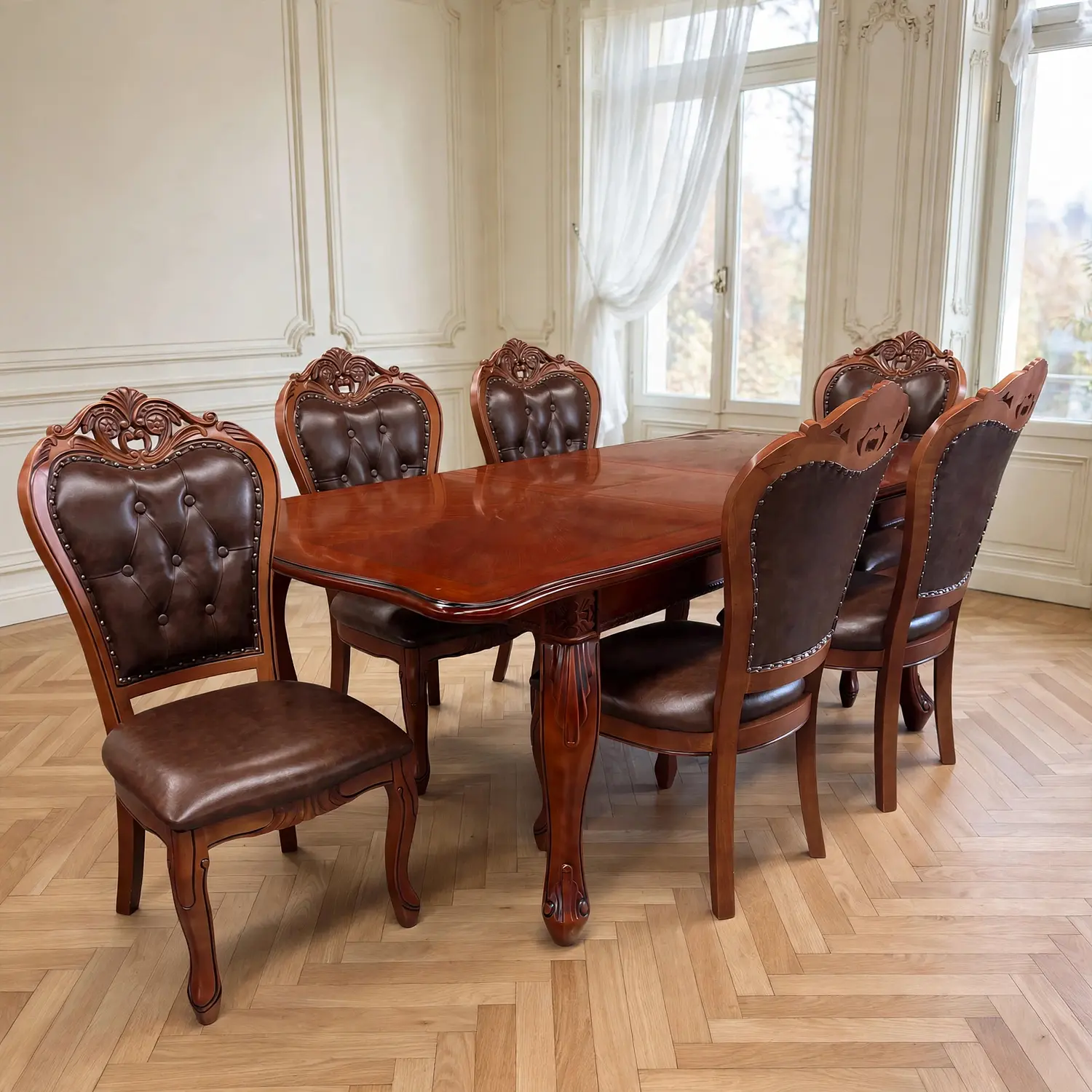 Comedor Clásico Retráctil de Roble Americano con 6 Sillas 10