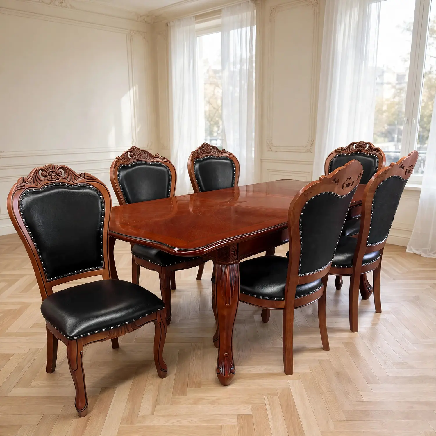 Comedor Clásico Retráctil de Roble Americano con 6 Sillas 13