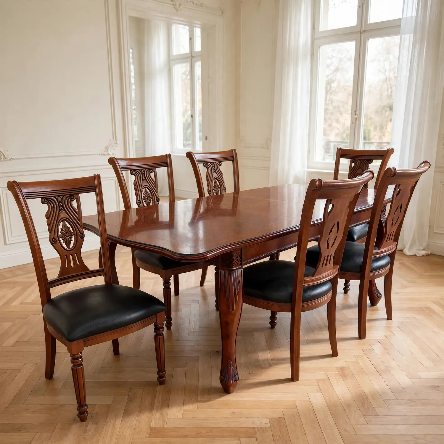 Comedor Clásico Retráctil de Roble Americano con 6 Sillas 16