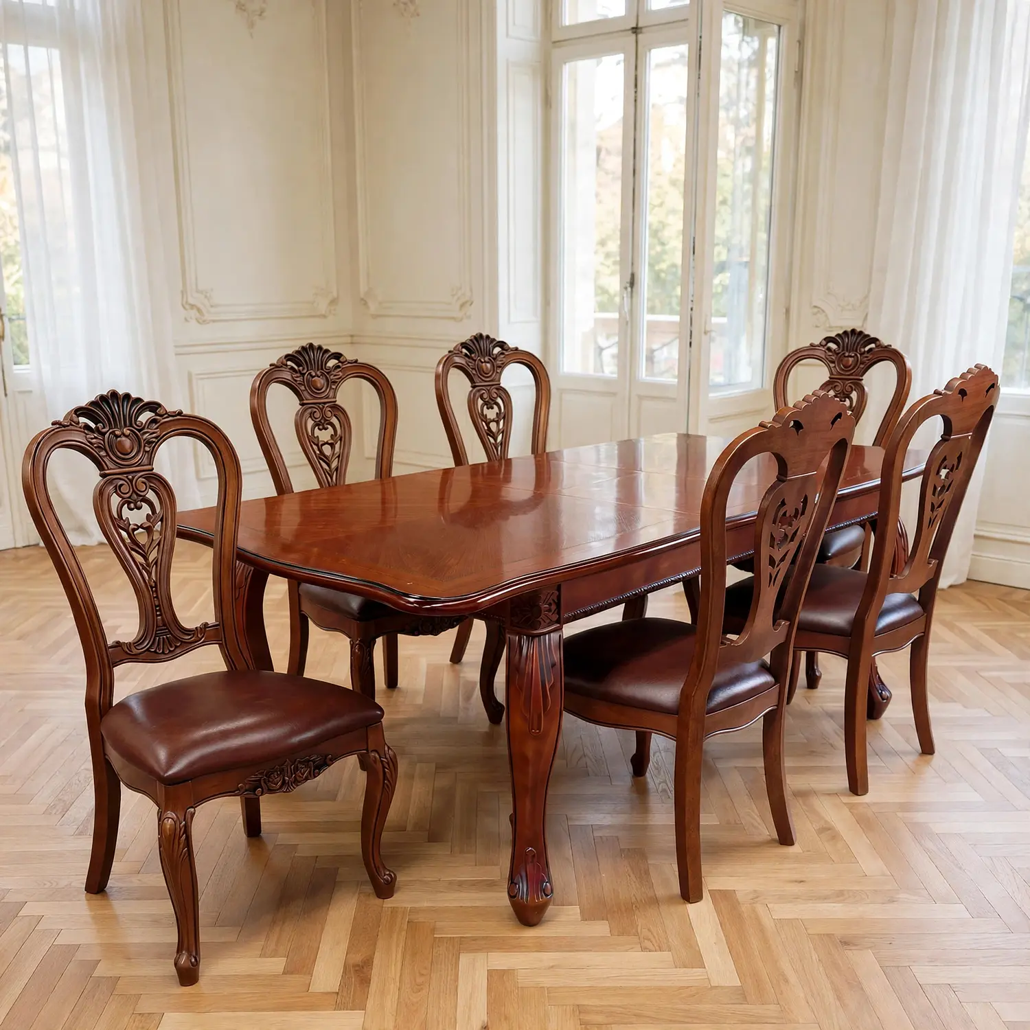 Comedor Clásico Retráctil de Roble Americano con 6 Sillas 22