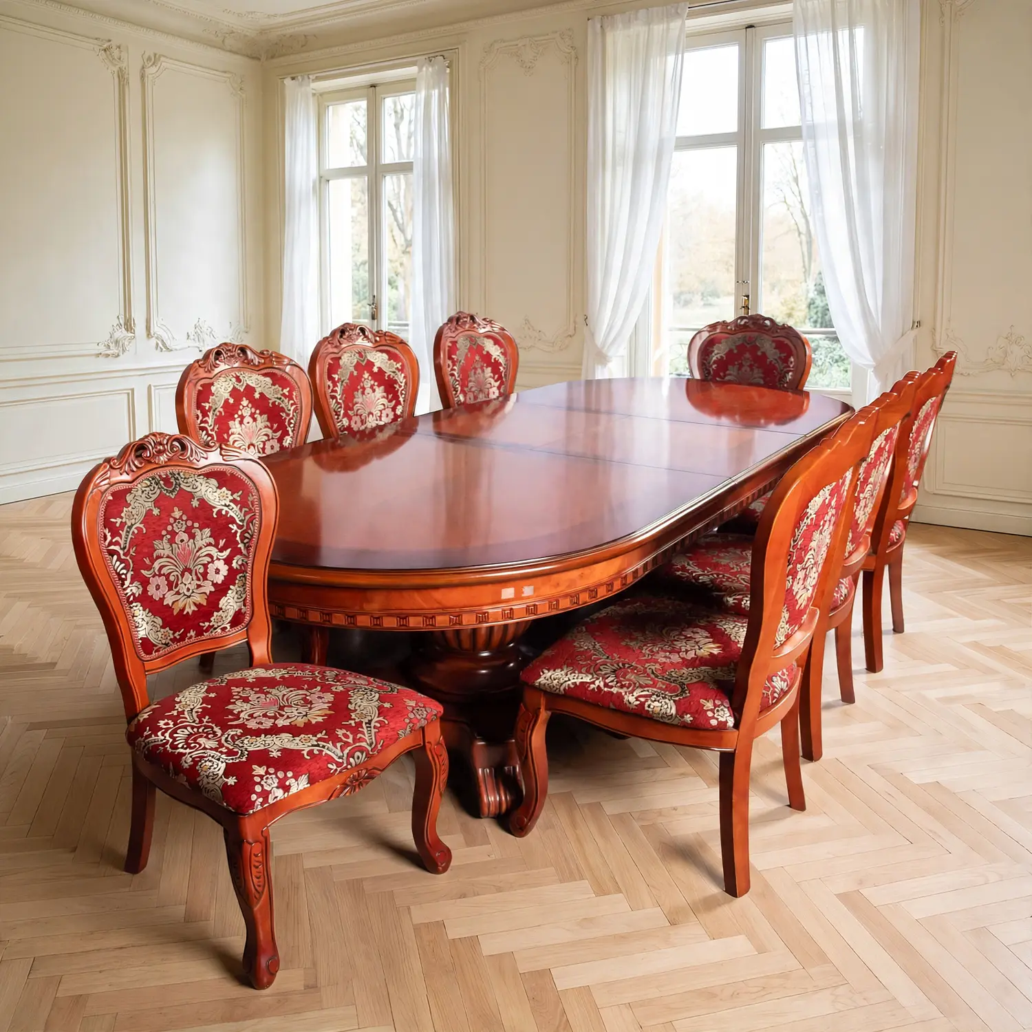 Comedor Clásico Retangular Retráctil de Madera con 8 Sillas 1