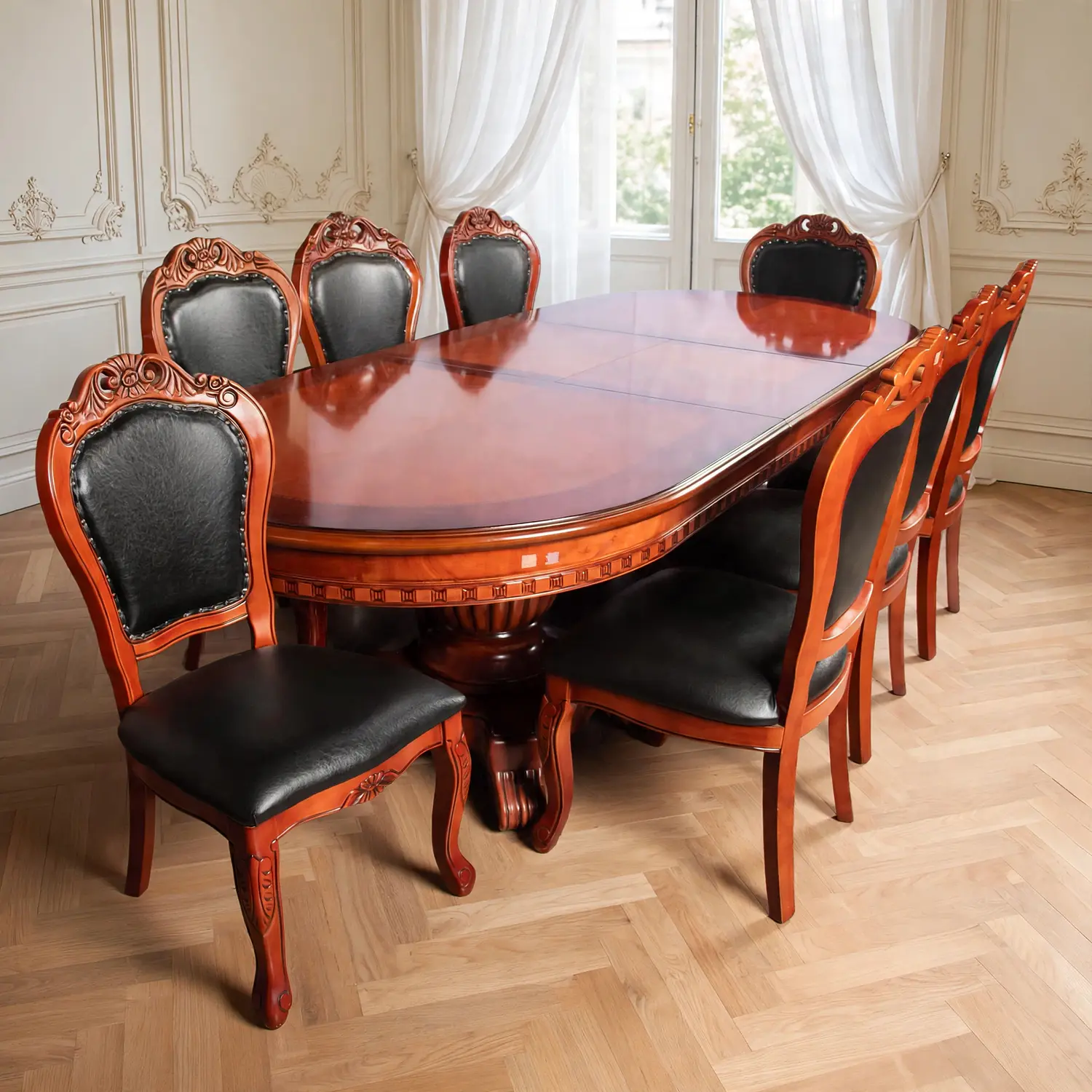Comedor Clásico Retangular Retráctil de Madera con 8 Sillas 4