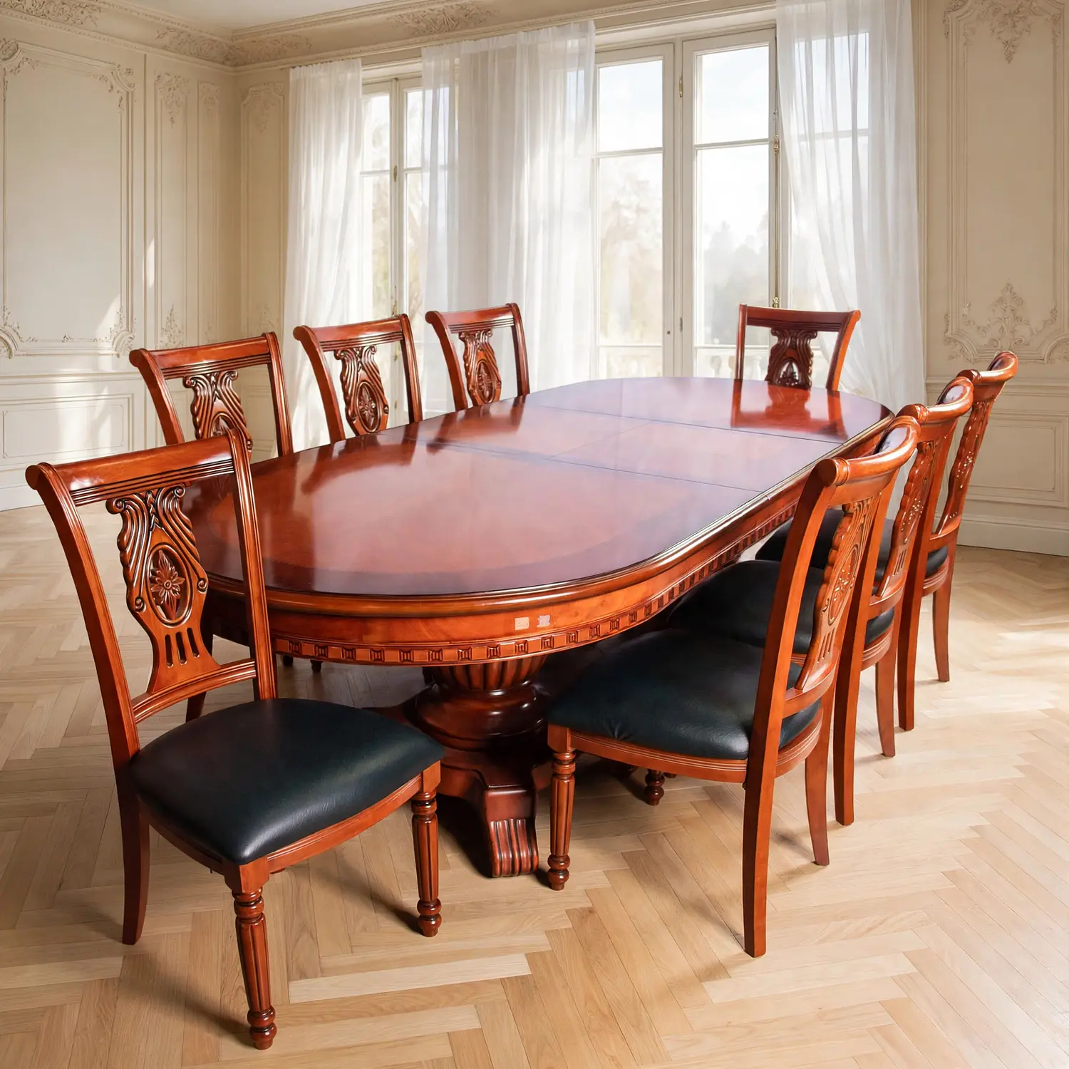 Comedor Clásico Retangular Retráctil de Madera con 8 Sillas 7