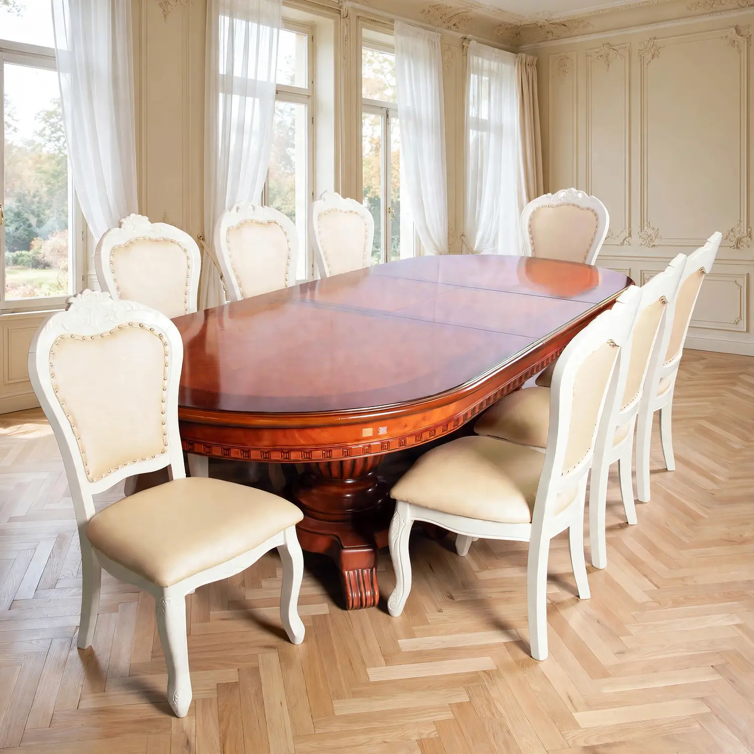 Comedor Clásico Retangular Retráctil de Madera con 8 Sillas 19