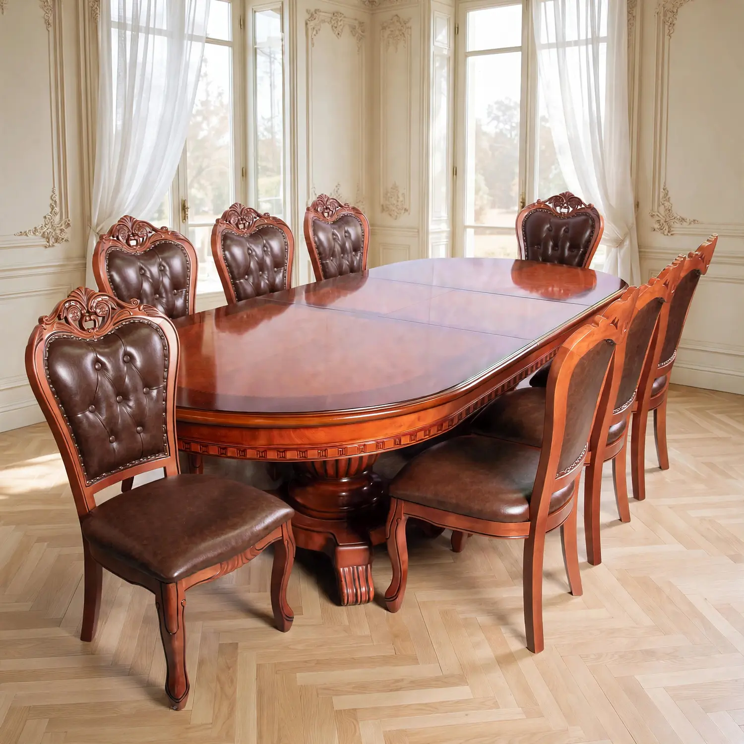 Comedor Clásico Retangular Retráctil de Madera con 8 Sillas 22