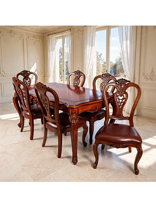 Comedor Clásico de Madera Caoba con 6 Sillas Tapizadas