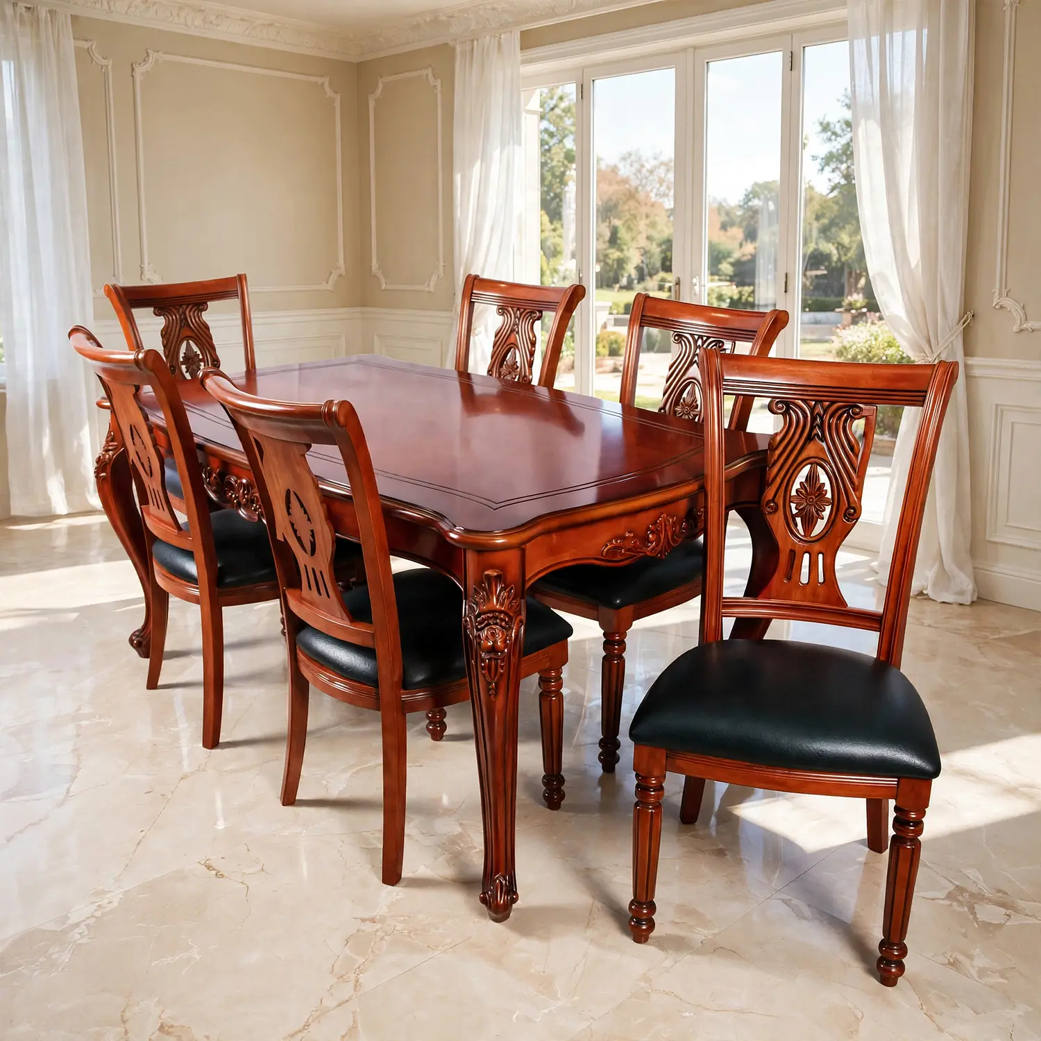 Comedor Clásico de Madera Caoba con 6 Sillas Tapizadas 7