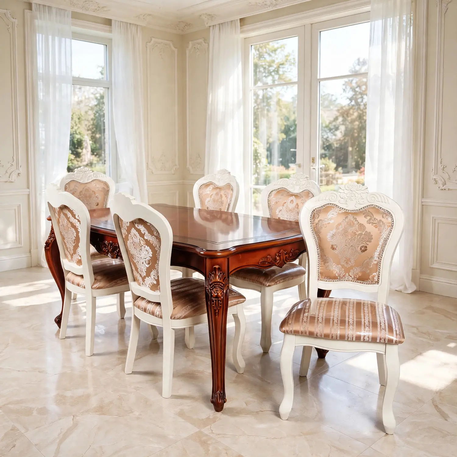 Comedor Clásico de Madera Caoba con 6 Sillas Tapizadas 13