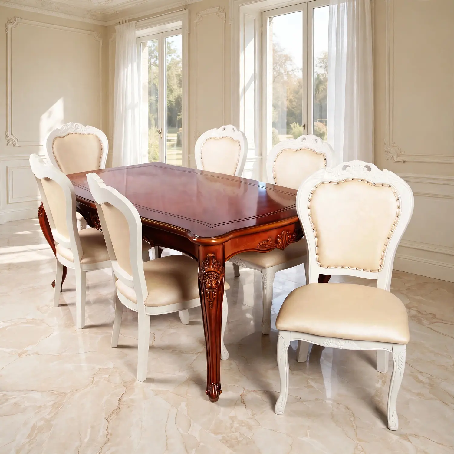 Comedor Clásico de Madera Caoba con 6 Sillas Tapizadas 19