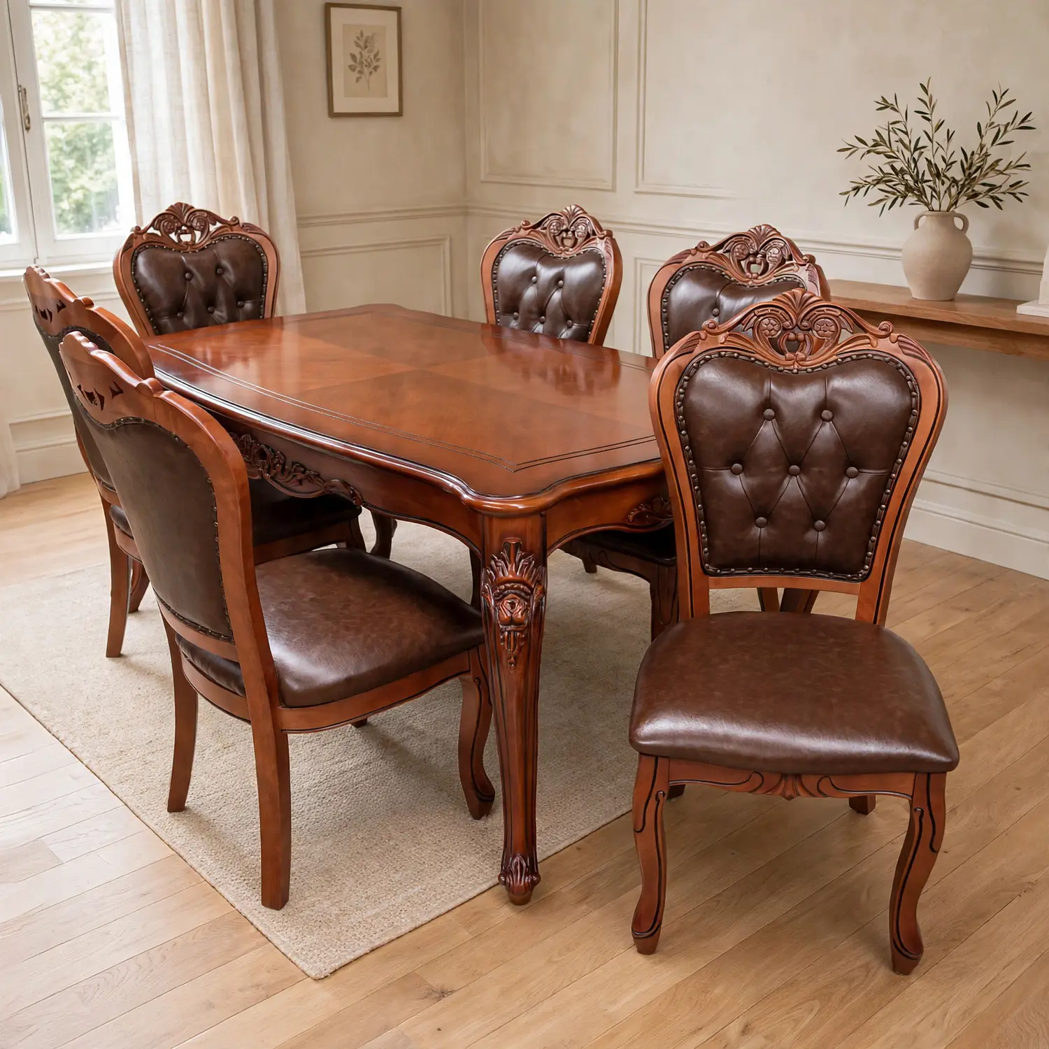 Comedor Clásico de Madera Caoba con 6 Sillas Tapizadas 22