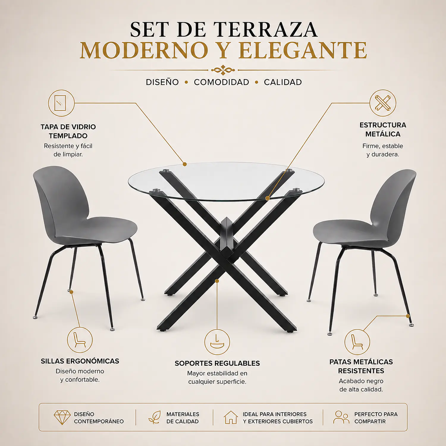 Set de Terraza de 2 Sillas y Mesa Redonda de Vidrio 110 cm 2