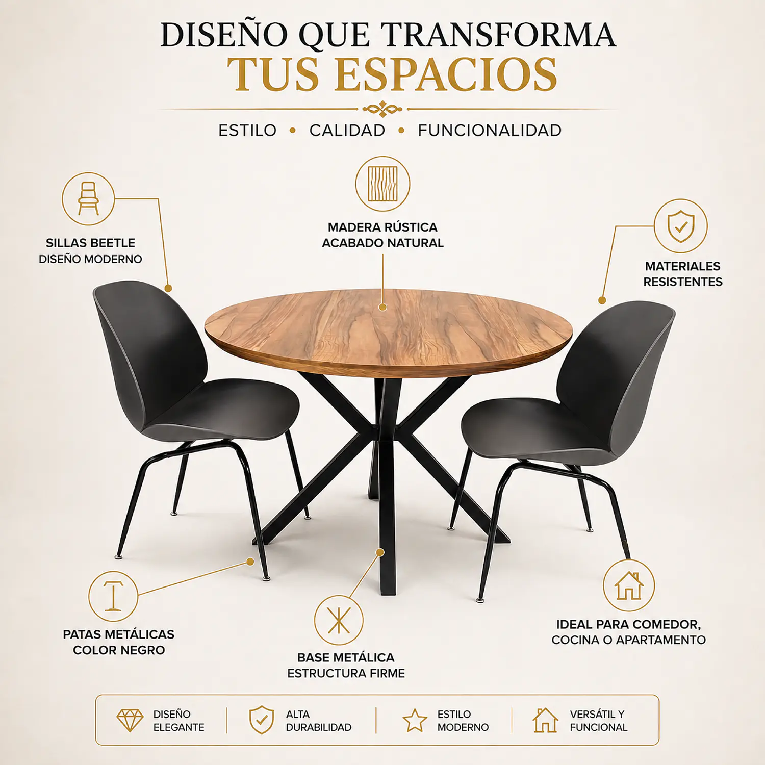 Set Mesa Rústica de Madera con 2 Sillas Beetle Patas Negras 2