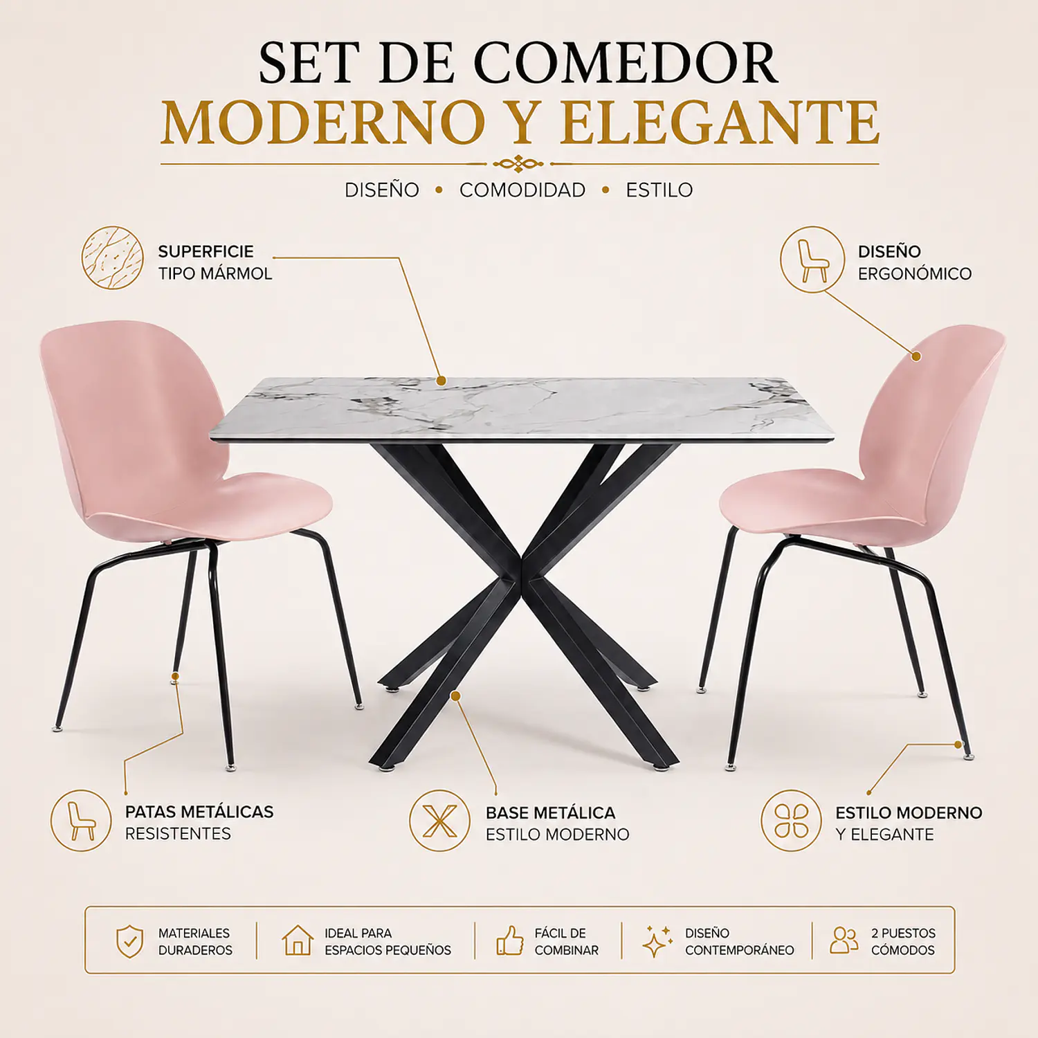 Set Comedor Madrid con 2 Sillas Beetle Patas Negra 2