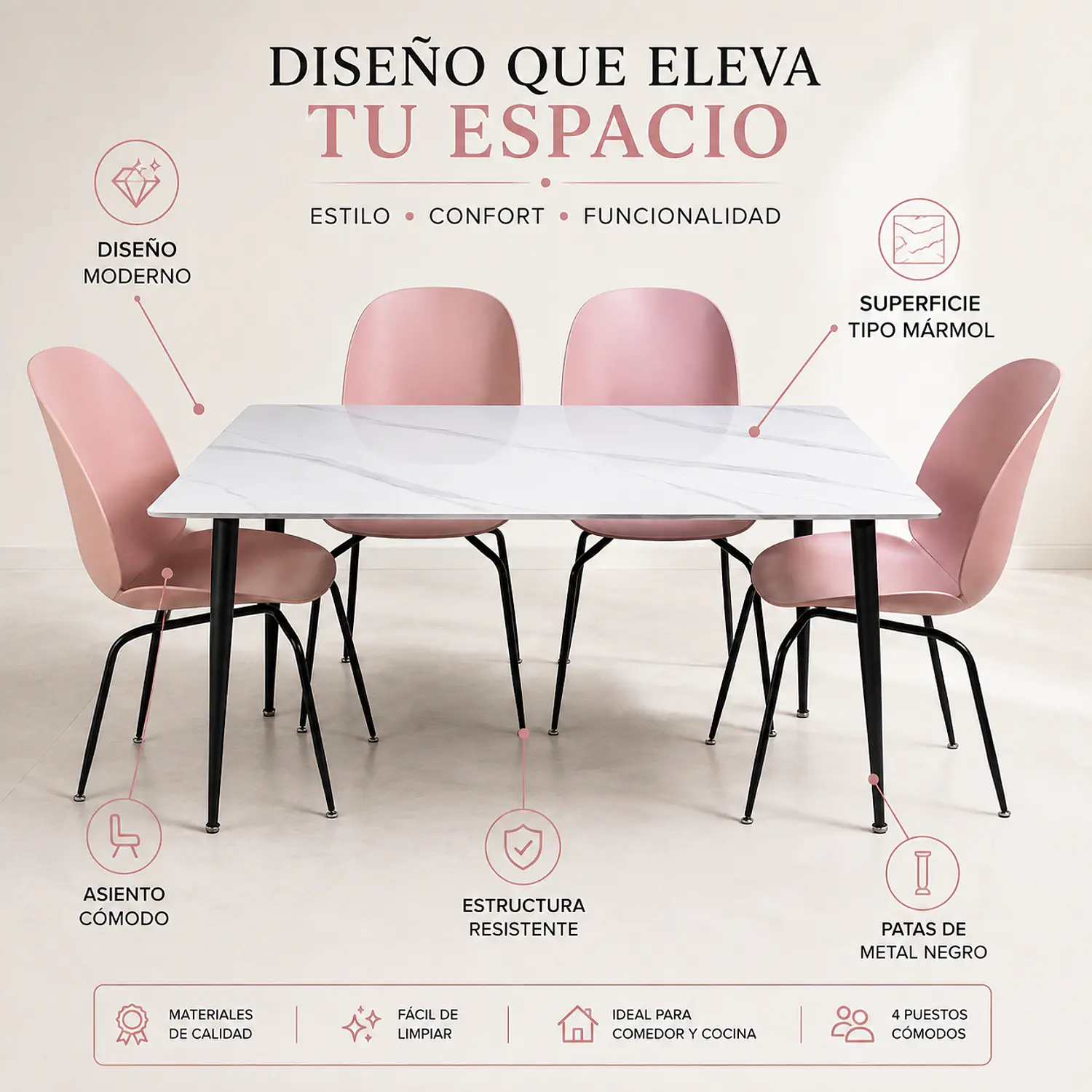 Set Comedor 4 Sillas Beetle y Mesa Rectangular Tipo Mármol  2