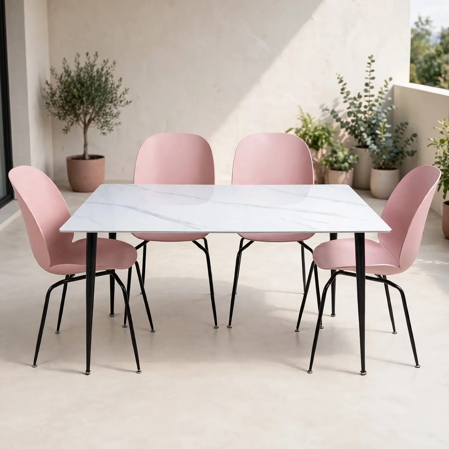 Set Comedor 4 Sillas Beetle y Mesa Rectangular Tipo Mármol  1