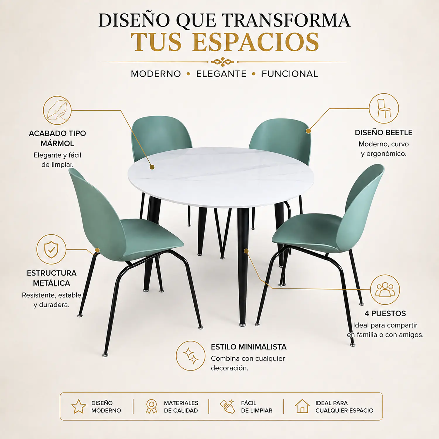 Set de 4 Sillas Beetle Patas Negra y Mesa Redonda Tipo Mármol Blanco 2
