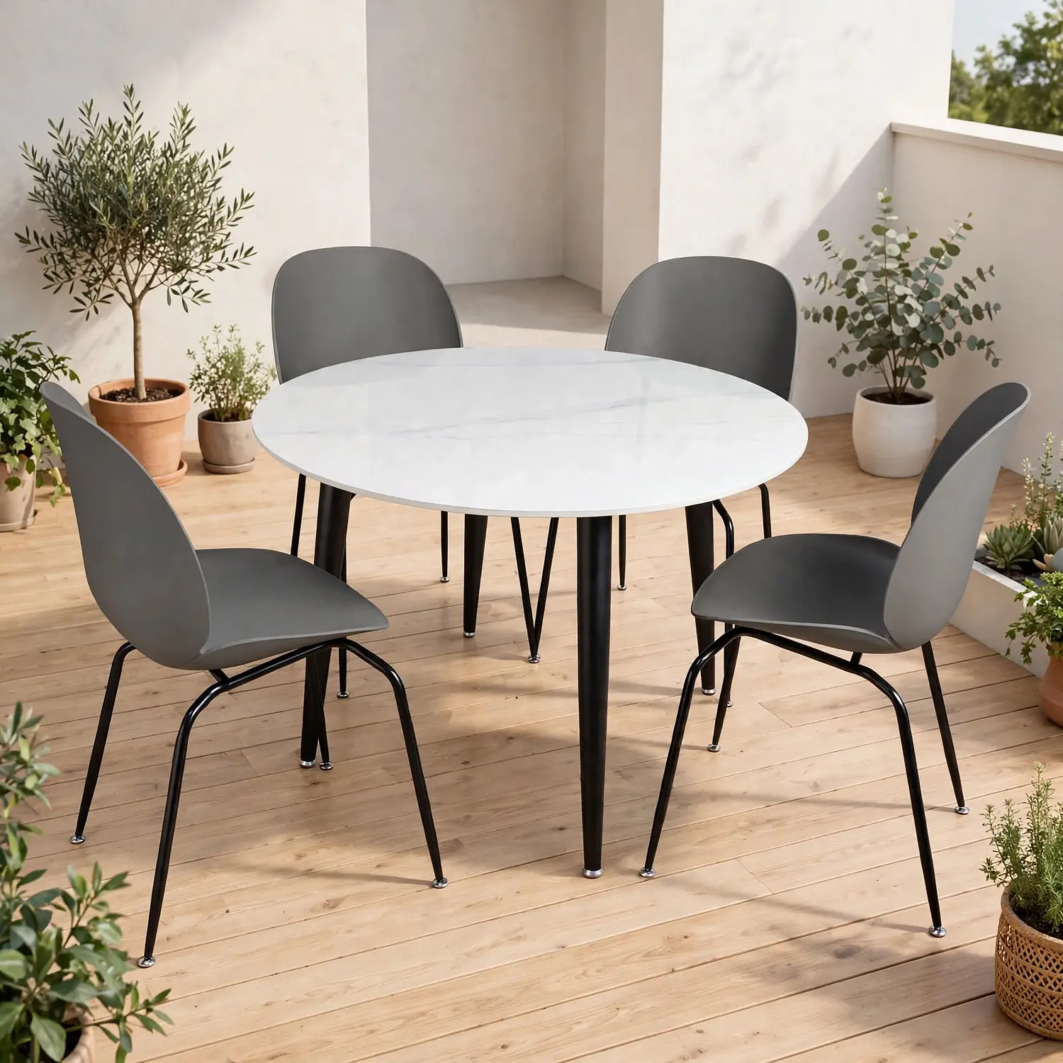 Set de 4 Sillas Beetle Patas Negra y Mesa Redonda Tipo Mármol Blanco 14