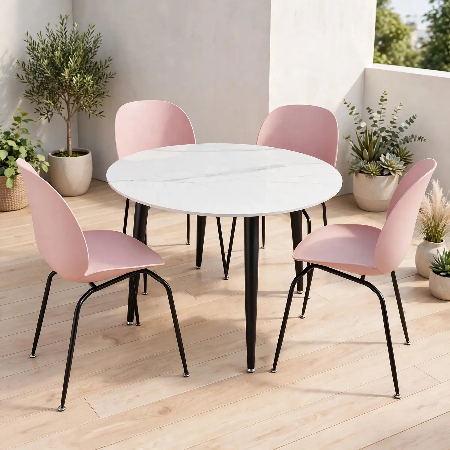 Set de 4 Sillas Beetle Patas Negra y Mesa Redonda Tipo Mármol Blanco 8