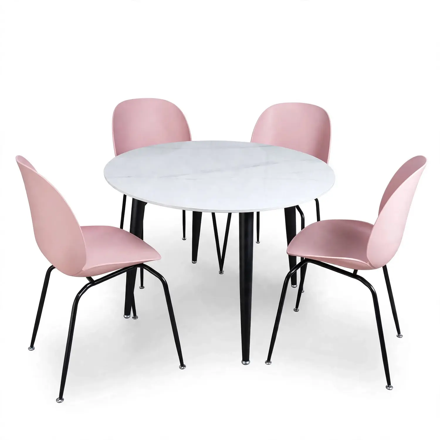 Set de 4 Sillas Beetle Patas Negra y Mesa Redonda Tipo Mármol Blanco 9