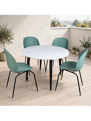 Set de 4 Sillas Beetle Patas Negra y Mesa Redonda Tipo Mármol Blanco
