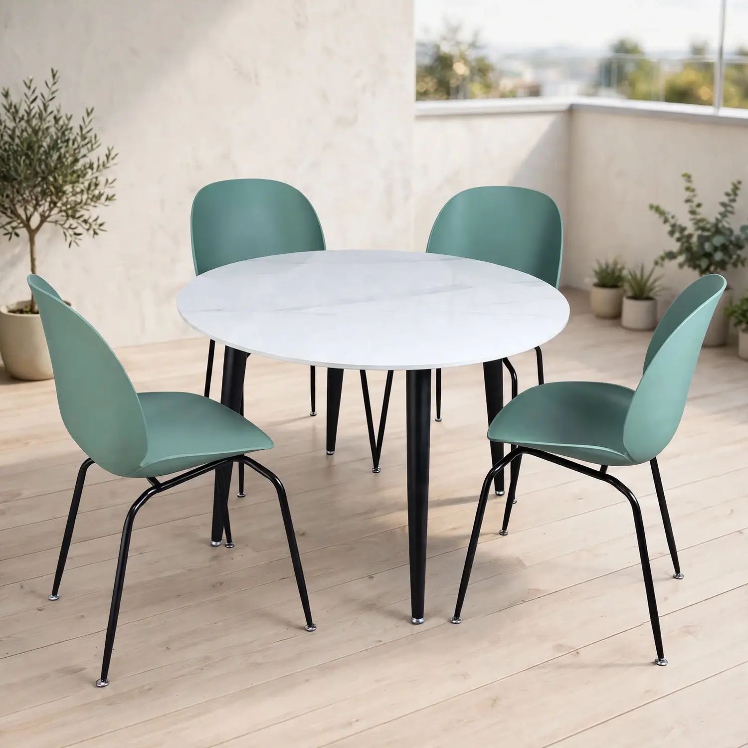 Set de 4 Sillas Beetle Patas Negra y Mesa Redonda Tipo Mármol Blanco 1