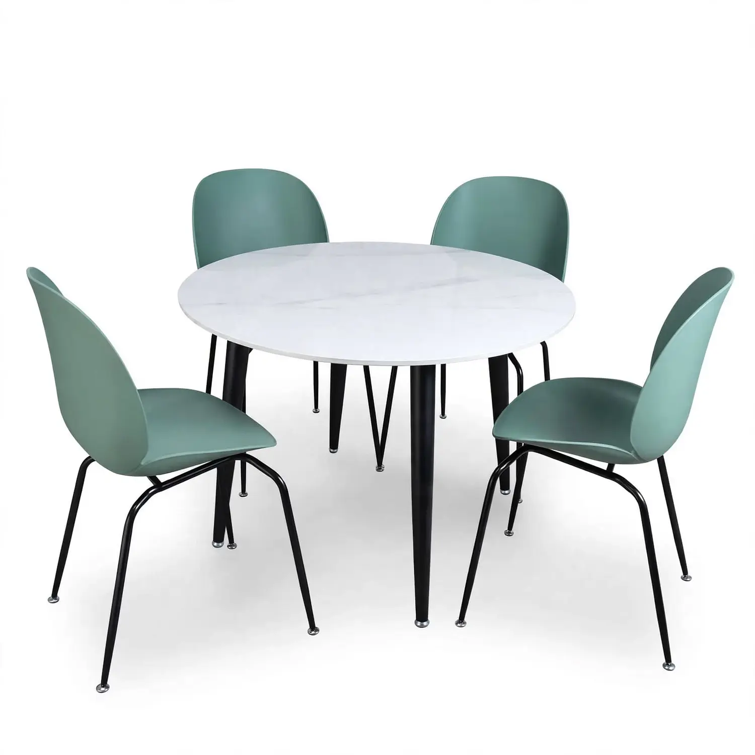 Set de 4 Sillas Beetle Patas Negra y Mesa Redonda Tipo Mármol Blanco 3