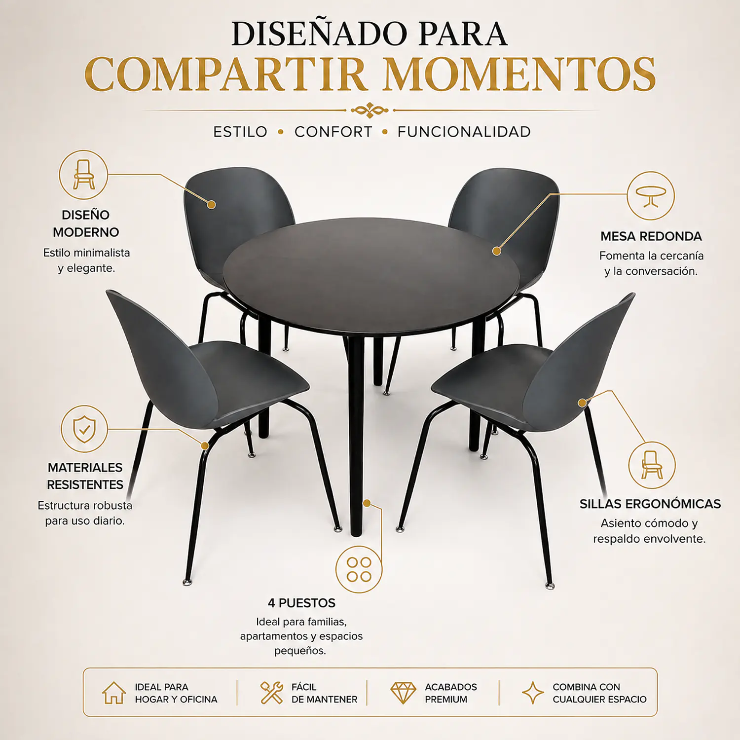 Set 4 Sillas Beetle y Mesa Redonda Negra de Madera 2