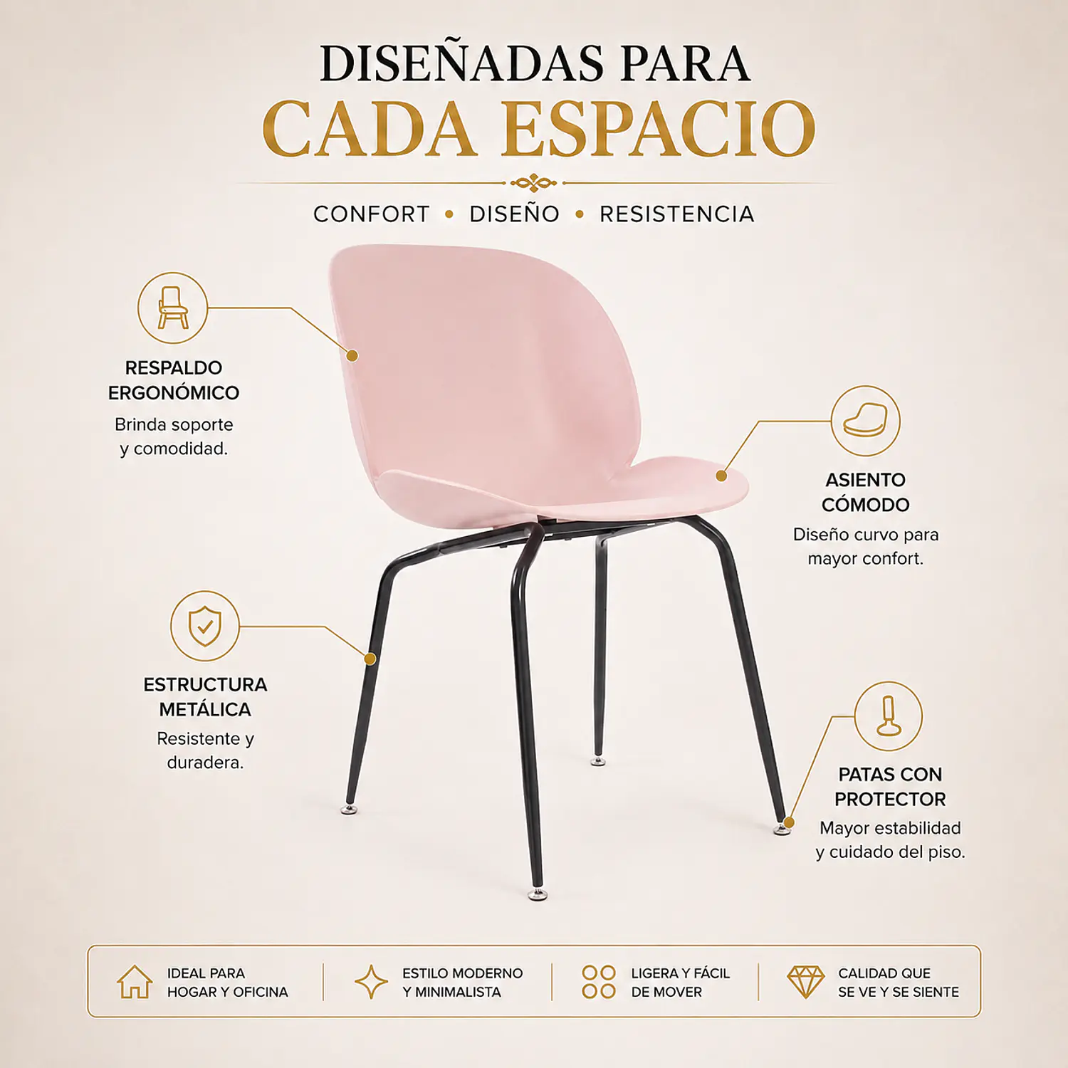 Set 2 Sillas Beetle Rosas con Patas Negras para Comedor y Terraza 2