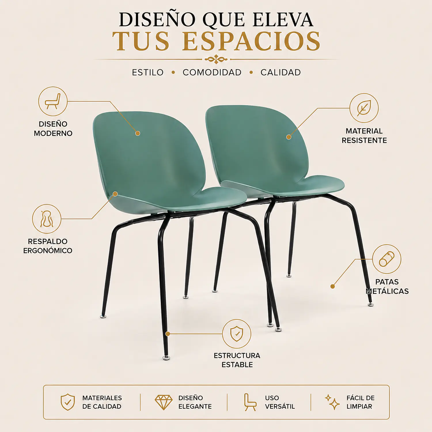 Set 2 Sillas Beetle Verde con Patas Negras para Terraza 2