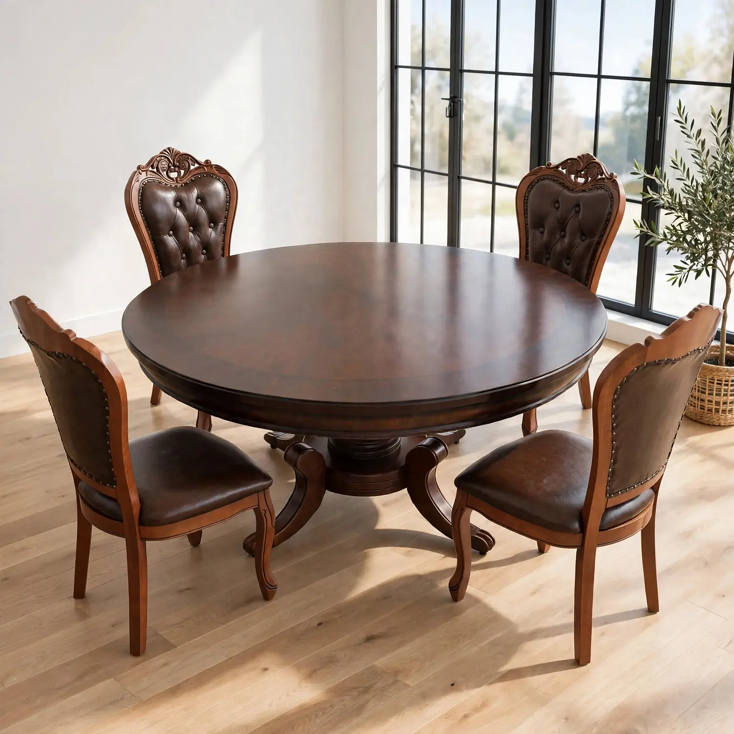 Comedor Redondo Clásico de Madera Caoba con 4 Sillas 16