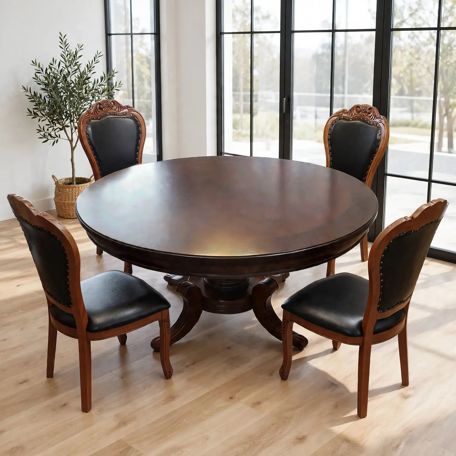 Comedor Redondo Clásico de Madera Caoba con 4 Sillas 1