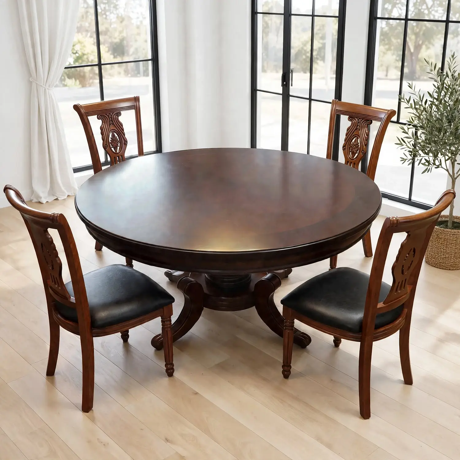 Comedor Redondo Clásico de Madera Caoba con 4 Sillas 4