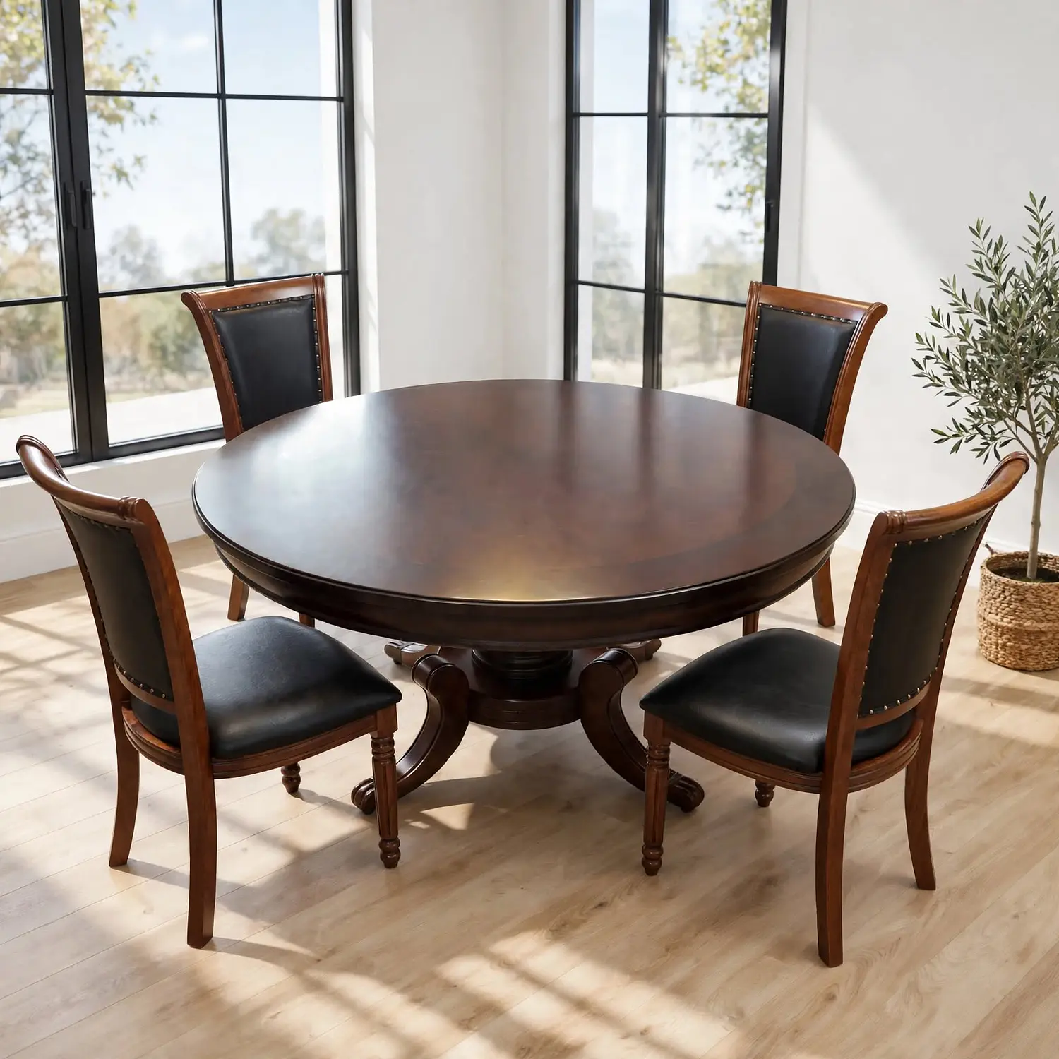 Comedor Redondo Clásico de Madera Caoba con 4 Sillas 7