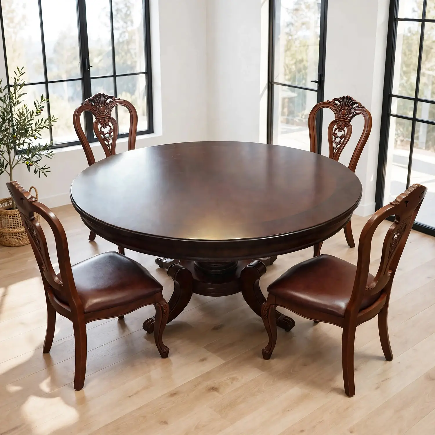 Comedor Redondo Clásico de Madera Caoba con 4 Sillas 10