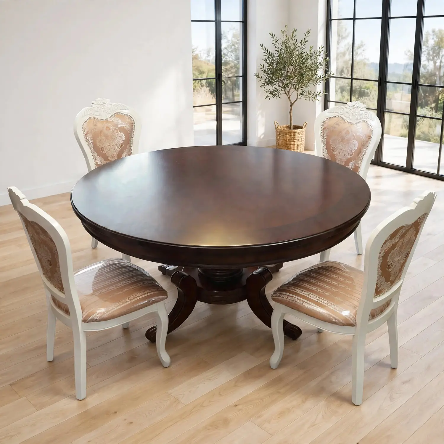 Comedor Redondo Clásico de Madera Caoba con 4 Sillas 22
