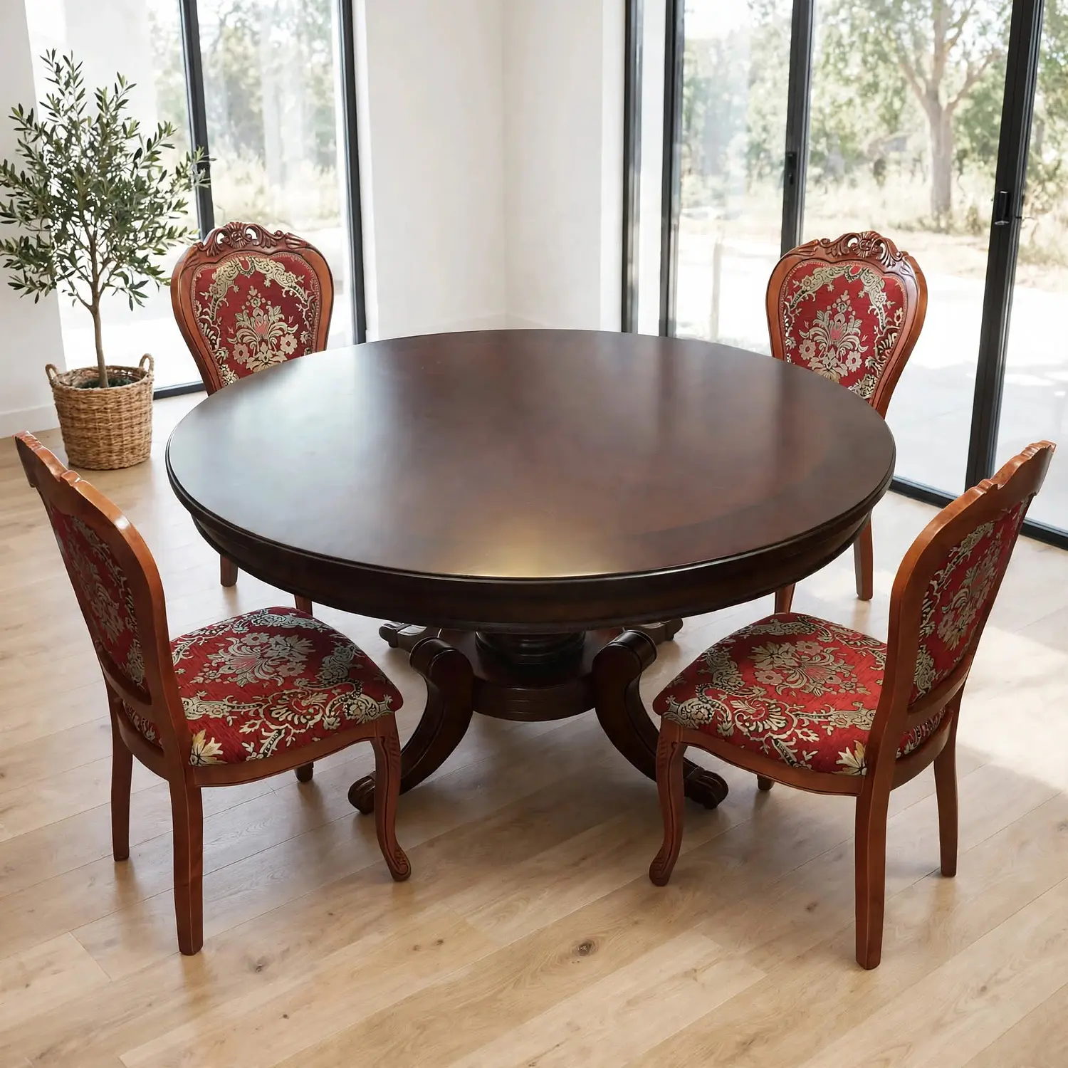 Comedor Redondo Clásico de Madera Caoba con 4 Sillas 19